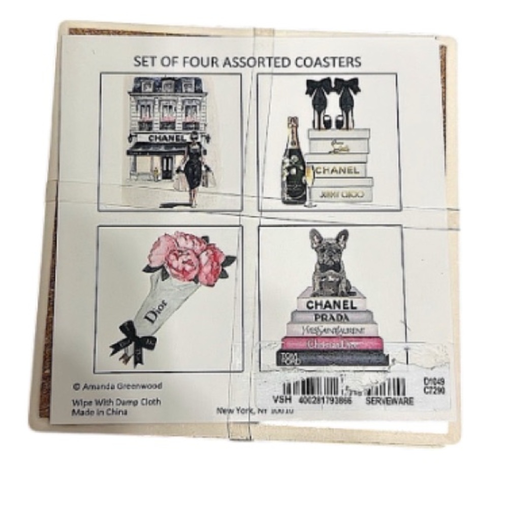 Set of 4 Coasters Amanda Greenwood Chanel J Choo Dior NWT 4”x4”